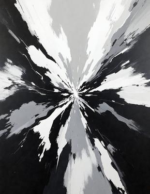 The primary subject of the image is a large, white, and black painting. The painting features a white circle in the center, surrounded by black and white swirls. The setting is a black and white background, which adds to the artistic and dramatic effect of the painting. The visual style of the painting is a mix of digital art and traditional painting techniques, creating a unique and captivating piece of art. The dominant colors and overall atmosphere of the painting are black, white, and gray, giving it a modern and sophistic